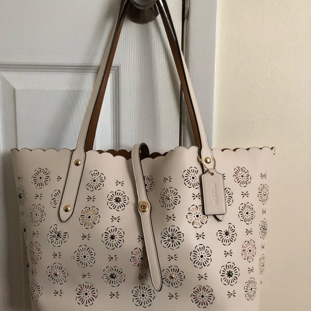 Coach Cream Floral Tote Bag with Scalloped Edge